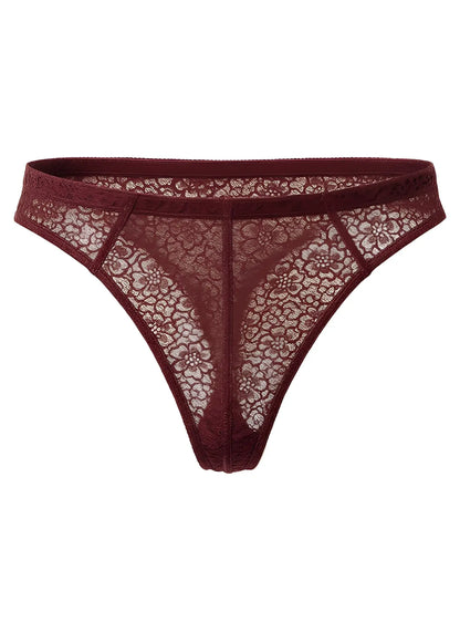 Luxury lace thong in maroon floral lace featuring a delicate intricate pattern and seamless construction