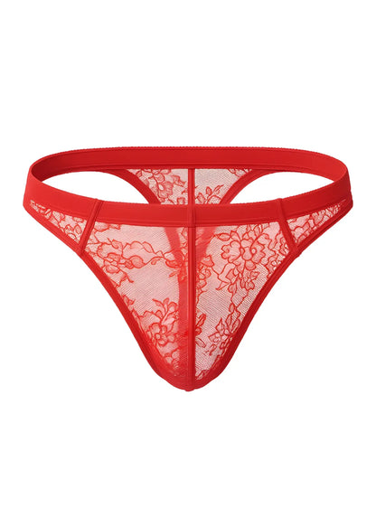 Luxury lace thong in red lace with floral pattern and elastic waistband for comfortable stylish wear