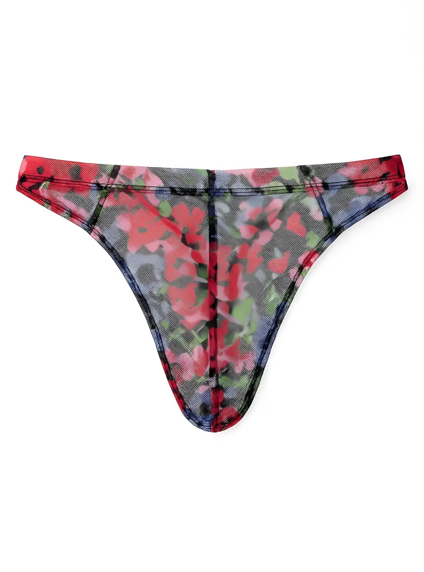 Luxury lace thong in red and green floral pattern with denim texture shown from the back side