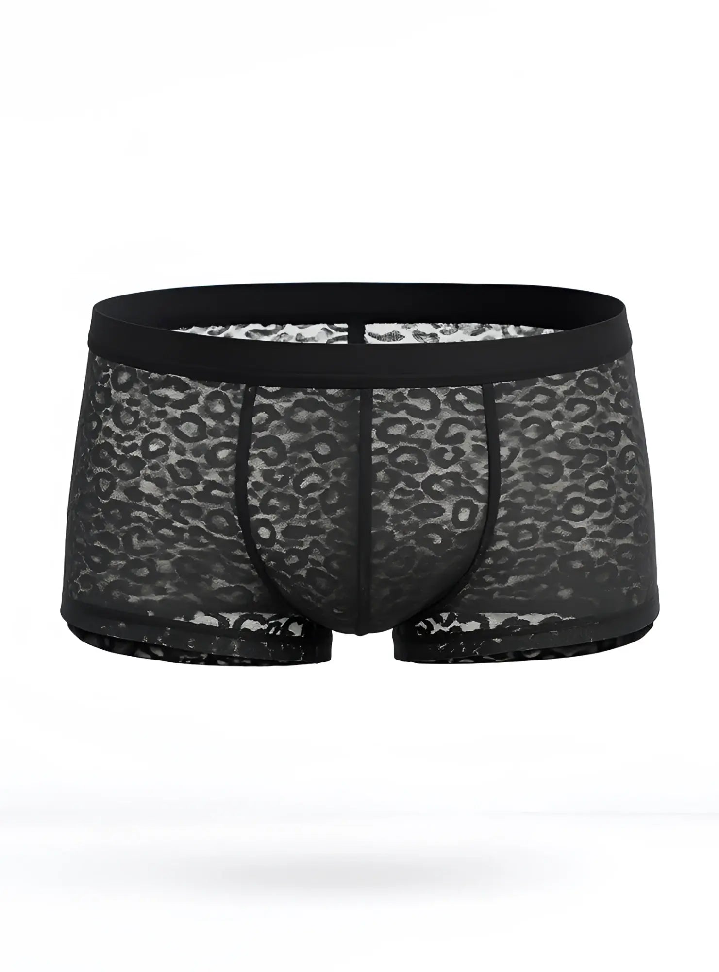 Black lace boxer briefs with subtle leopard print pattern in a luxury lace trunk design for stylish comfort