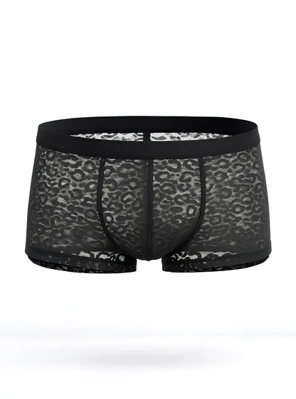 Black lace boxer briefs with subtle leopard print pattern in a luxury lace trunk design for stylish comfort