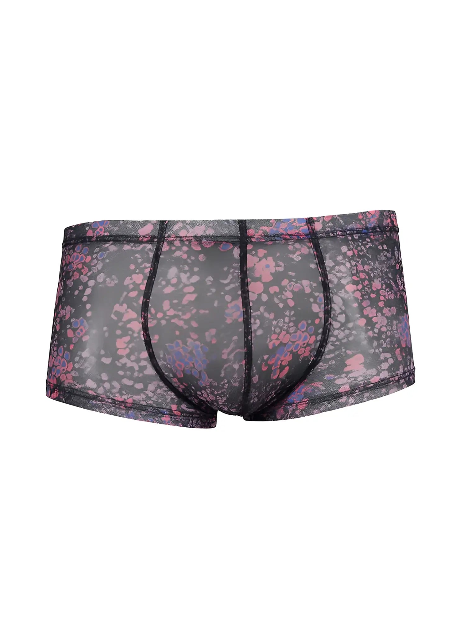 Luxury lace trunk black mesh briefs with delicate pink and purple floral pattern for elegant lingerie wear