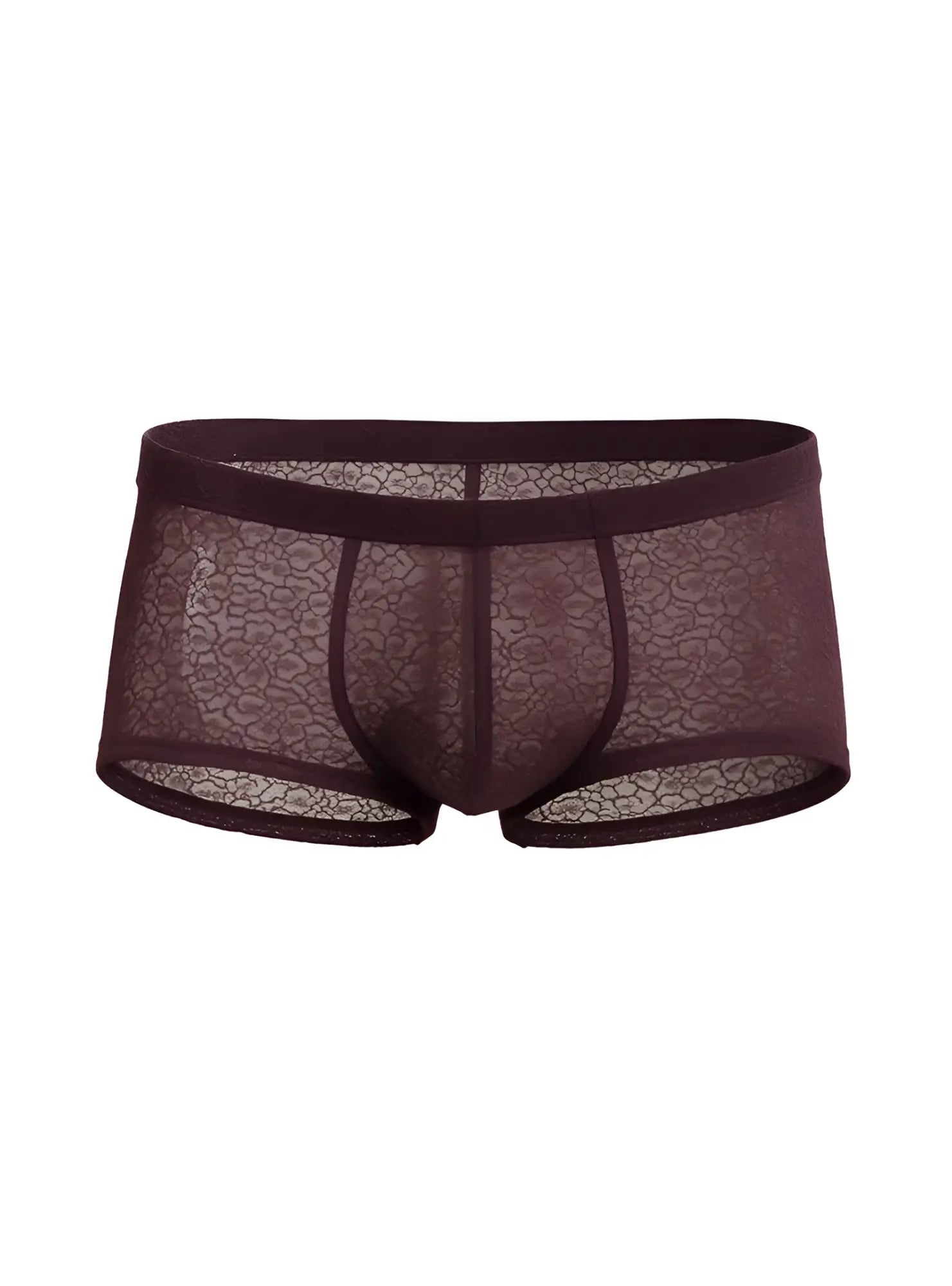 Luxury lace trunk men’s underwear in dark burgundy with sheer floral lace mesh and solid elastic waistband