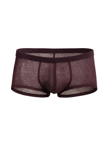 Luxury lace trunk men’s underwear in dark burgundy with sheer floral lace mesh and solid elastic waistband