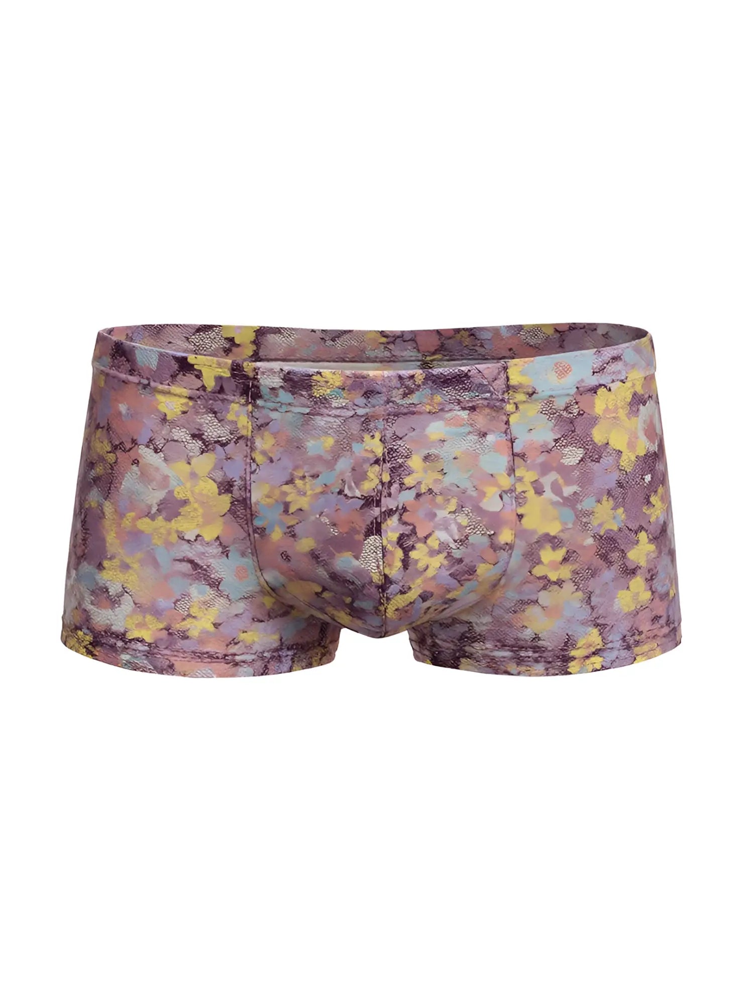 Luxury lace trunk men’s briefs in purple and yellow floral pattern with soft stretchy fabric finish