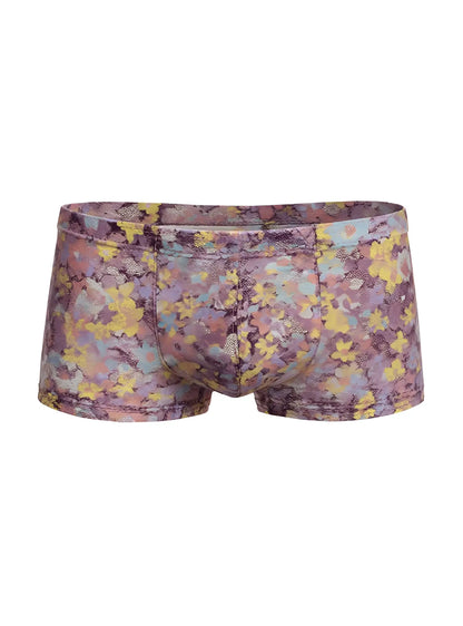 Luxury lace trunk men’s briefs in purple and yellow floral pattern with soft stretchy fabric finish