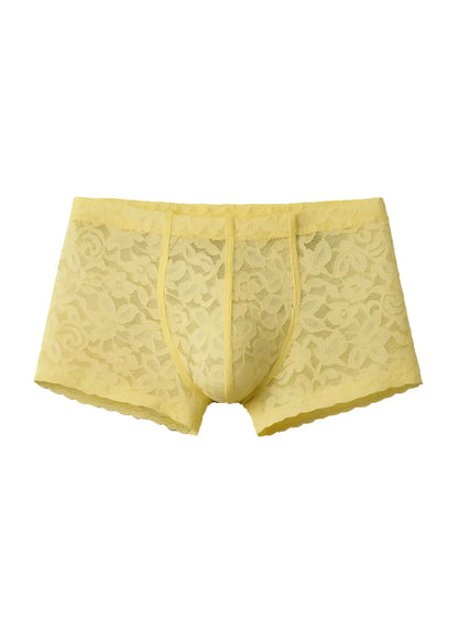 Yellow lace men’s briefs with floral pattern and elastic waistband luxury lace trunk style front view