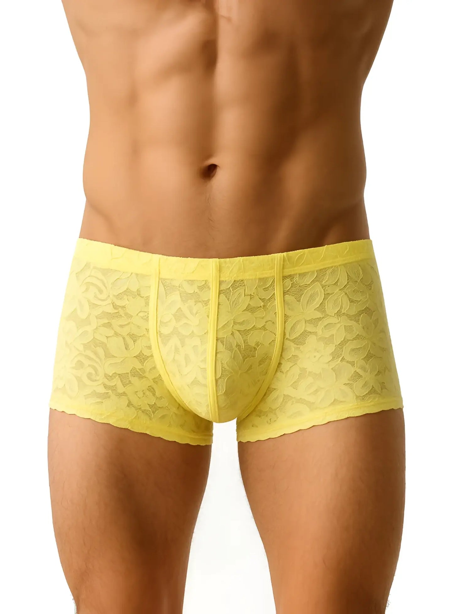 Yellow lace men’s briefs with floral pattern and elastic waistband luxury lace trunk front view