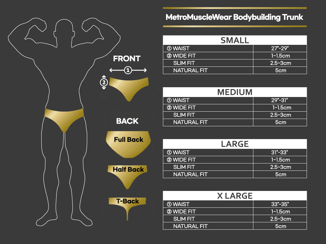 Gold-colored metromusclewear bodybuilding trunks in full back half back and t-back cut styles from metromalewear