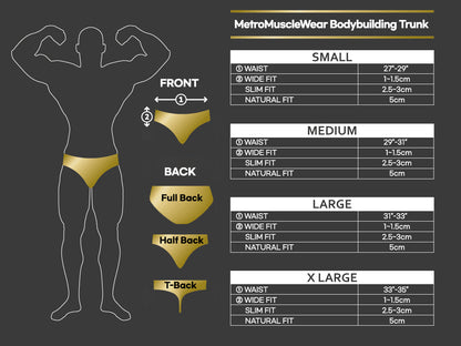 Gold metromusclewear bodybuilding trunks with full back half back and t-back cut styles for posing by MetroMaleWear