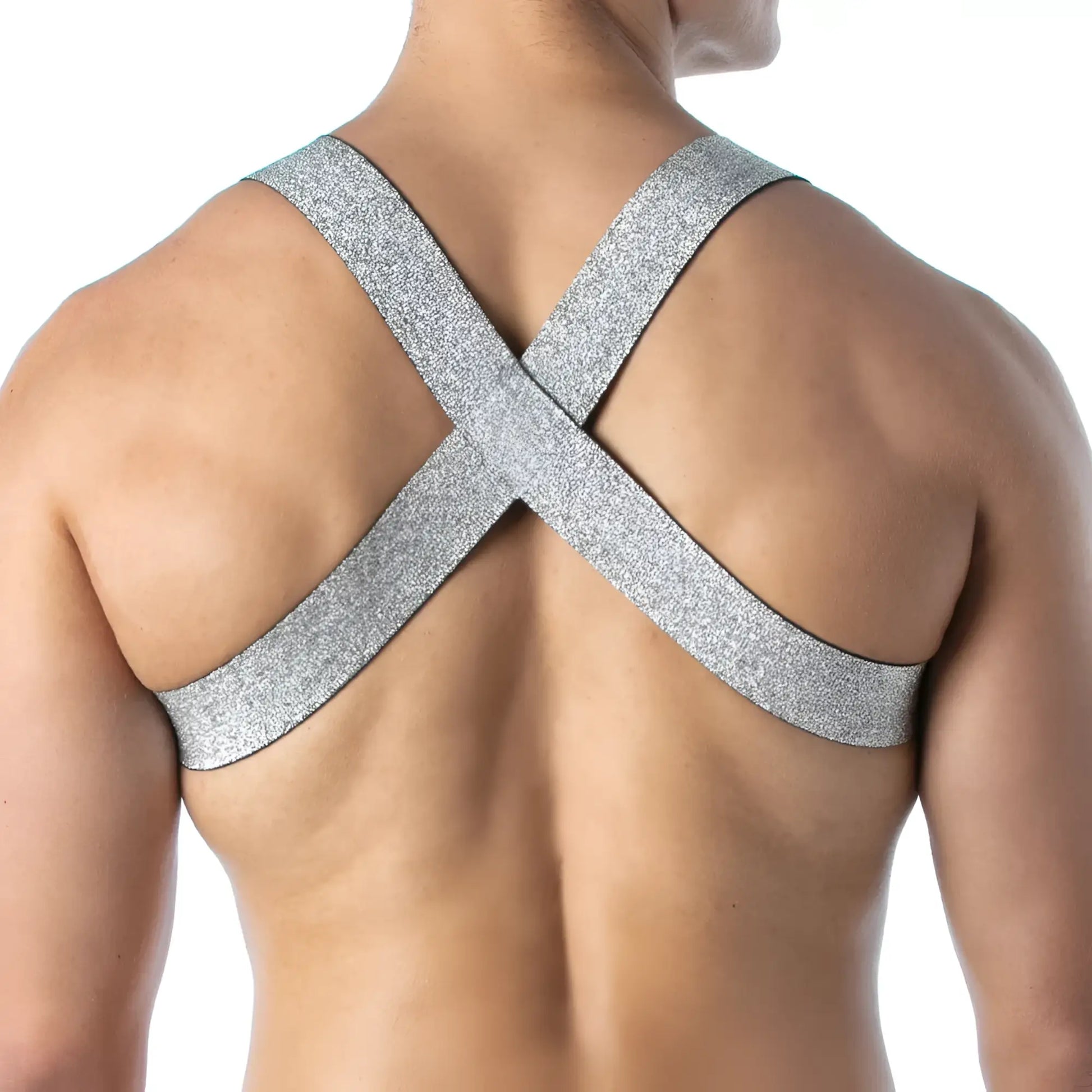 Silver glittery magic h harness back view with cross-back straps made from sparkling material for stylish wear