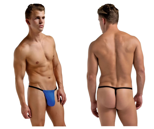 Blue and black magic silk 2706 silk g-string with solid blue front panel and thin black elastic waistband