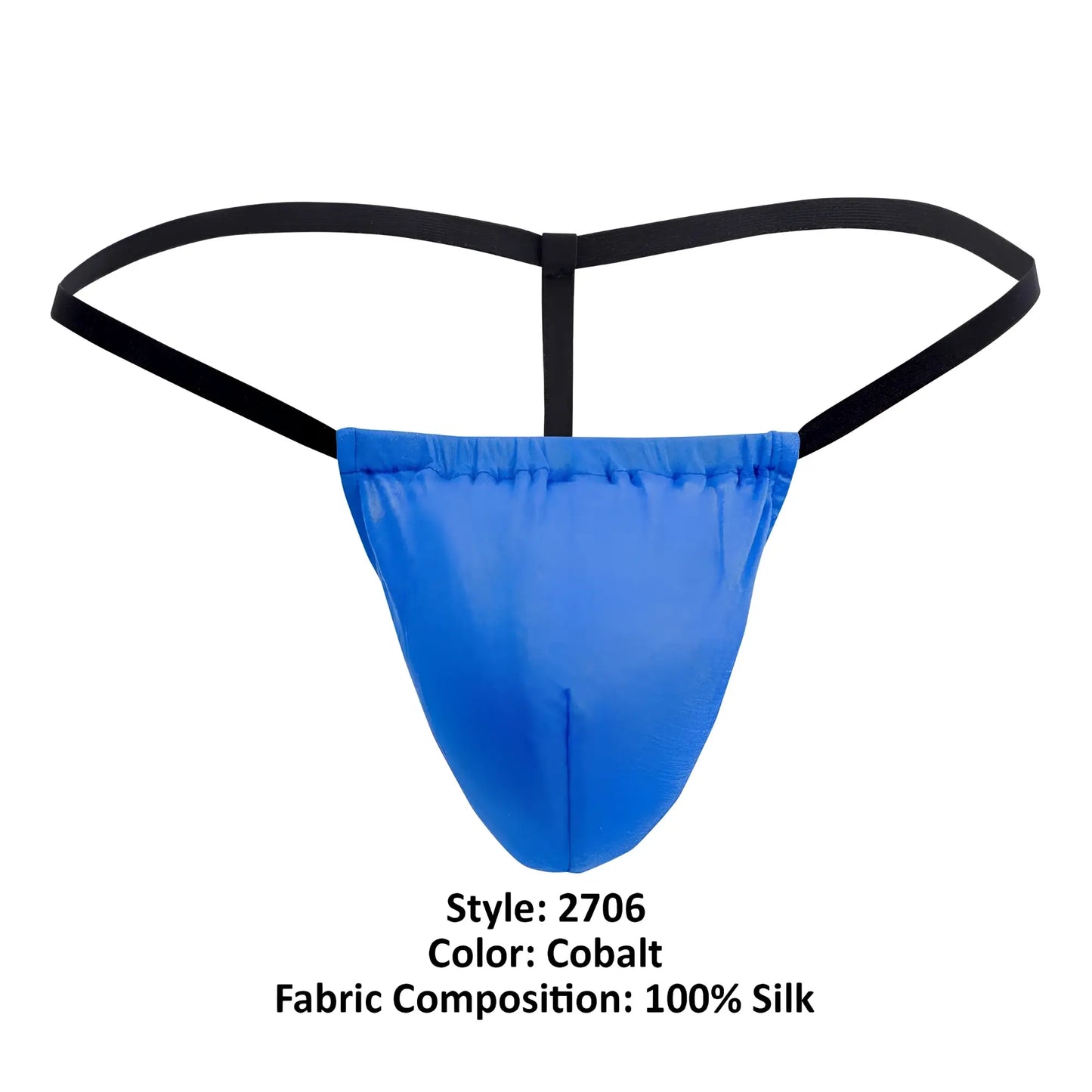 Cobalt blue silk thong with black elastic straps from magic silk 2706 silk g-string shown from the back