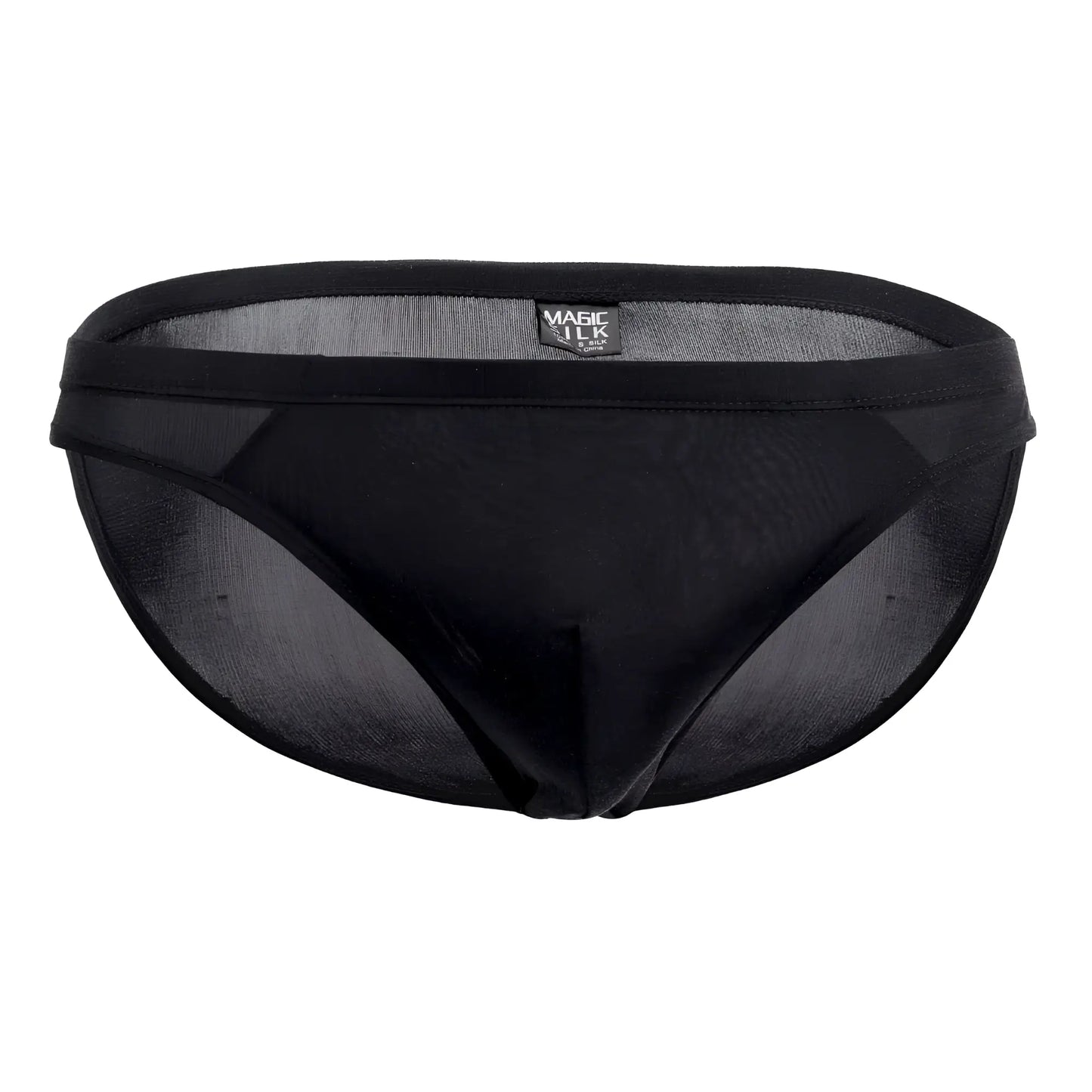 Black mesh silk briefs with solid waistband featuring magic silk label in black color model 6606