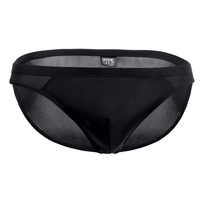 Black mesh silk briefs with solid waistband featuring magic silk label in black color model 6606