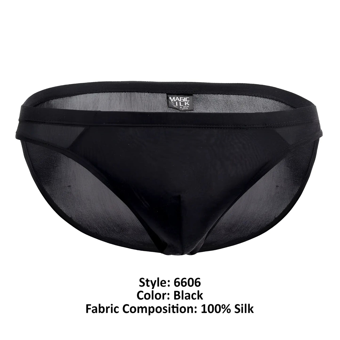 Black magic silk 6606 briefs with sheer mesh texture and solid waistband made of silk