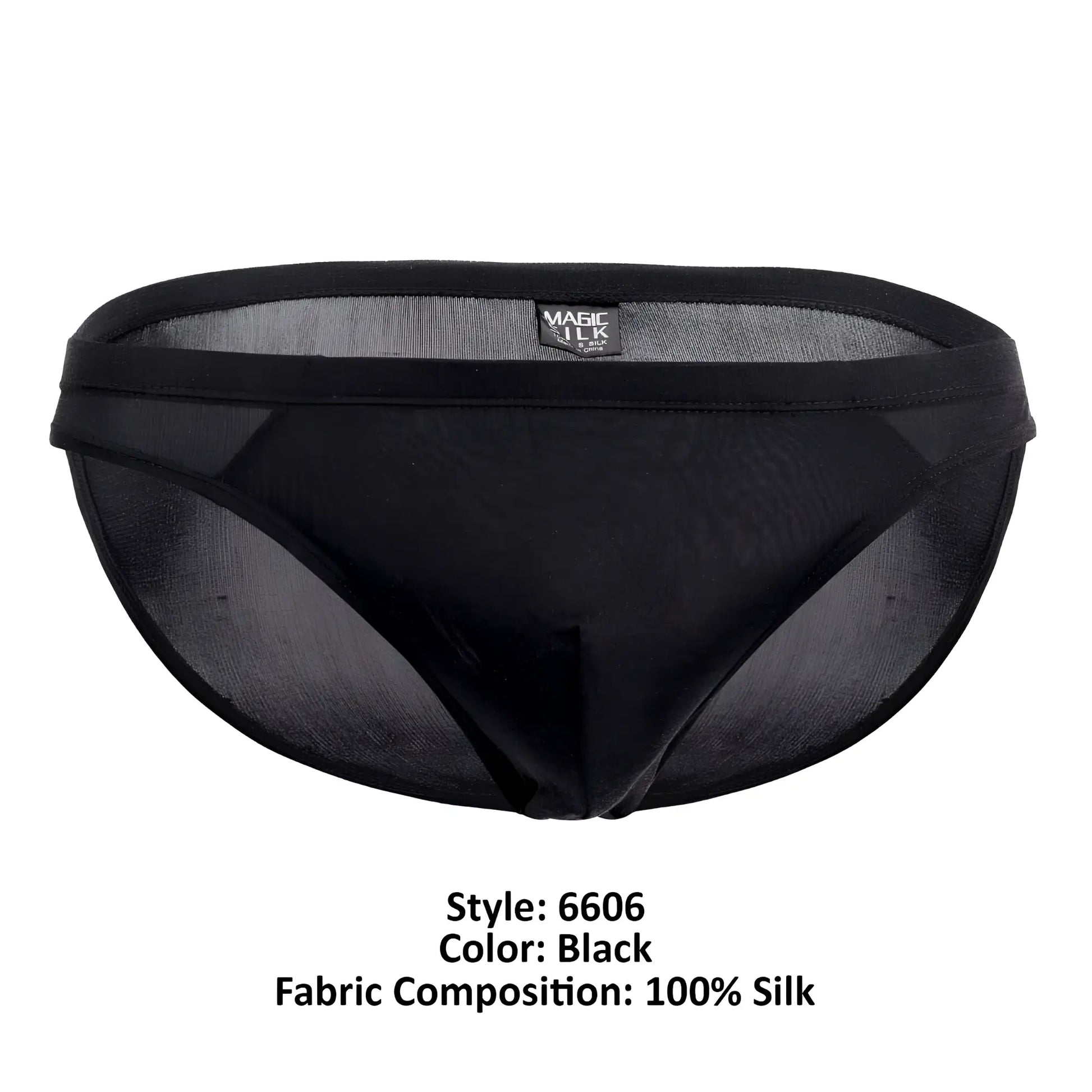 Black magic silk 6606 briefs with sheer mesh texture and solid waistband made of silk