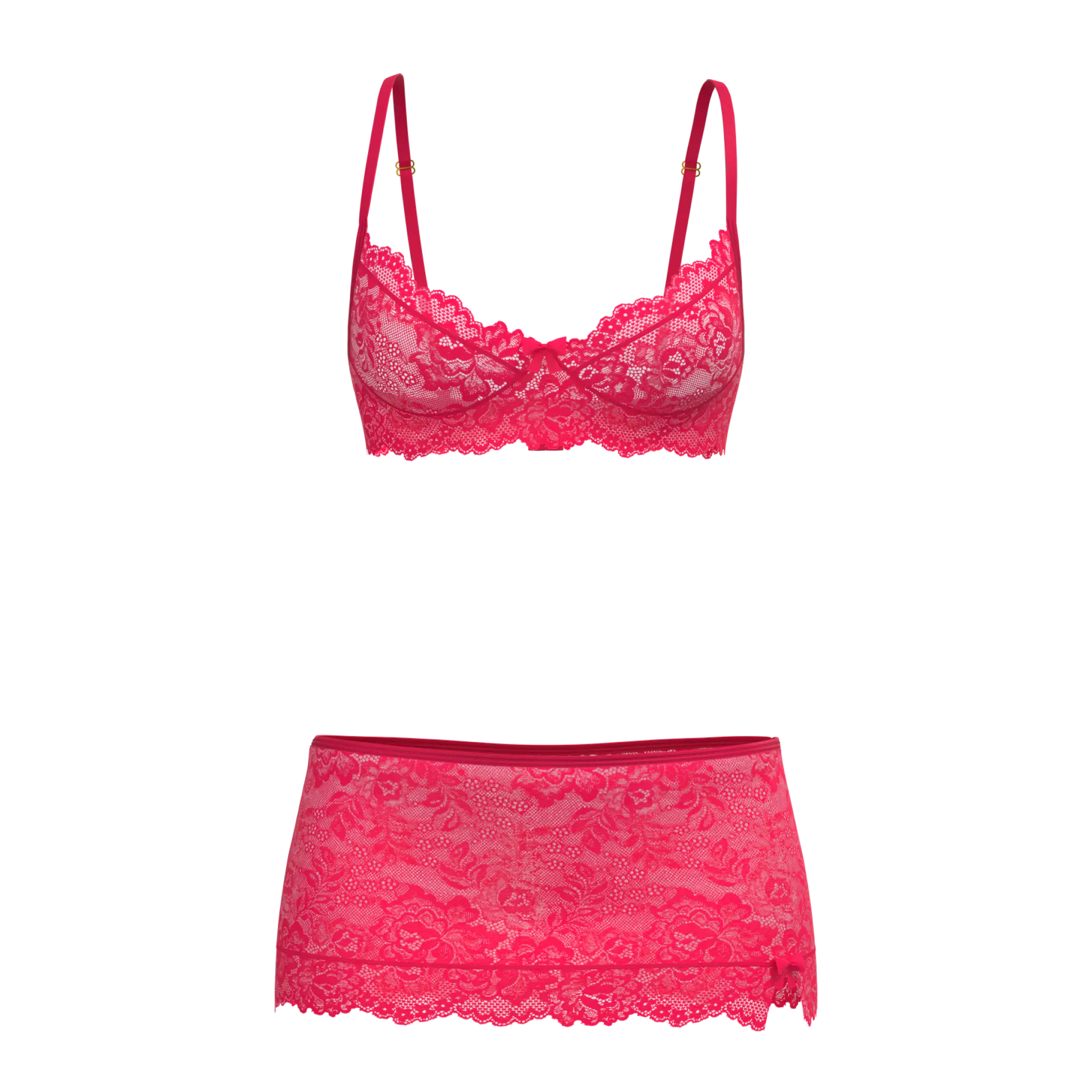 Fuchsia lace magic silk bra skirt and thong set featuring delicate floral lace and matching sheer skirt for elegant lingerie wear