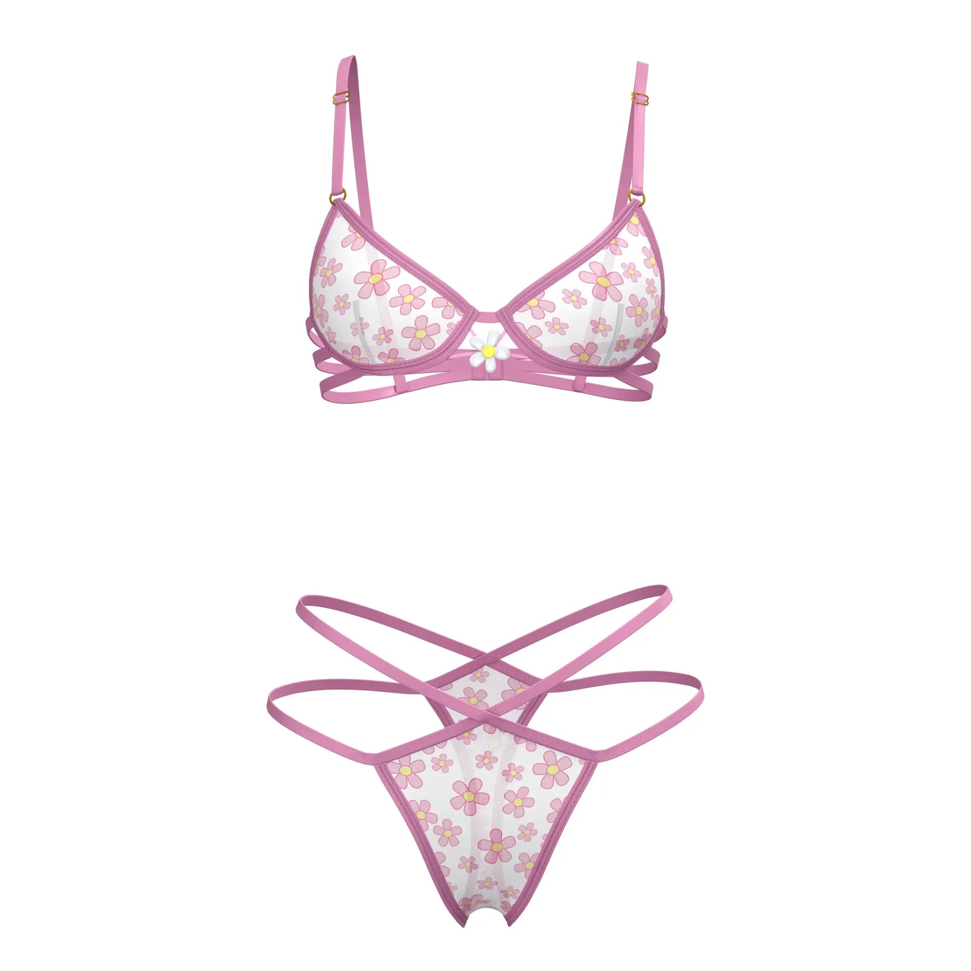 Pink floral-patterned magic silk bra and thong set with delicate straps and a central white flower accent