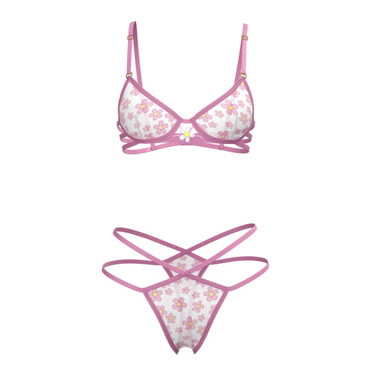 Pink floral-patterned magic silk bra and thong set with delicate straps and a central white flower accent