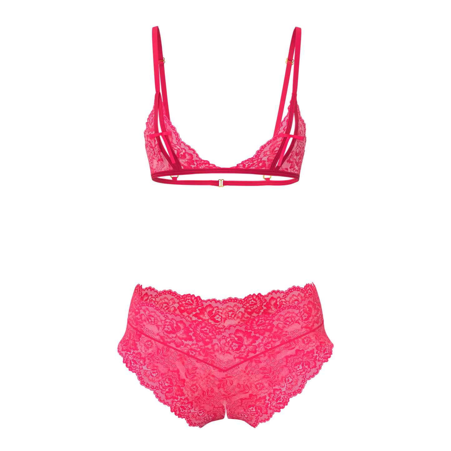 Vibrant fuchsia magic silk bralette and split crotch boy short set made of lace with high-waisted panties