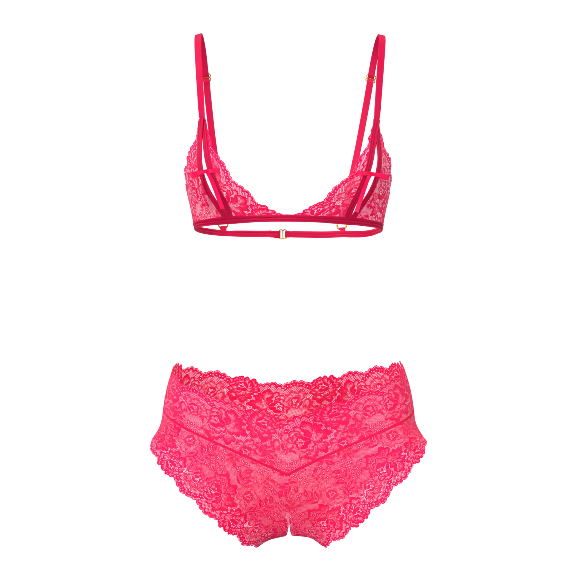 Vibrant fuchsia magic silk bralette and split crotch boy short set made of lace with high-waisted panties