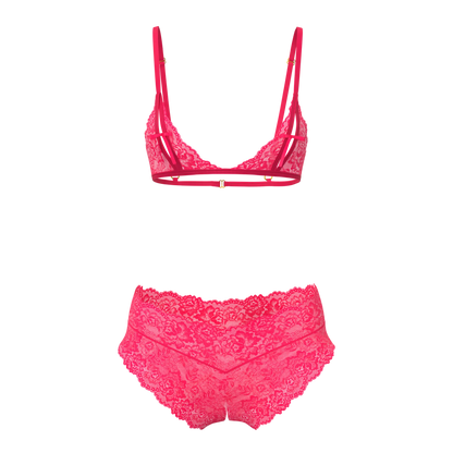 Vibrant fuchsia magic silk bralette and split crotch boy short set made of lace with high-waisted panties