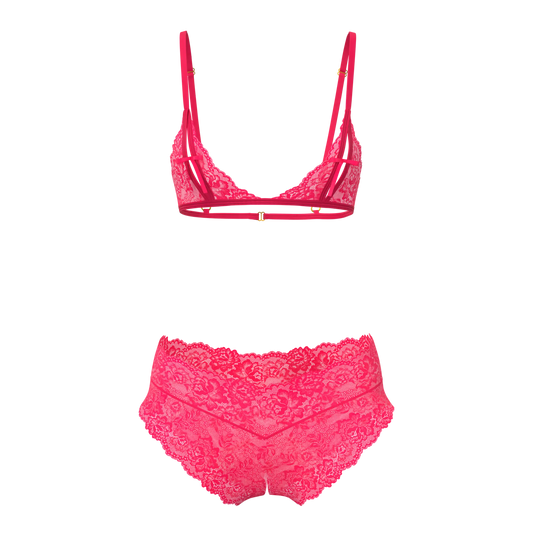 Vibrant fuchsia magic silk bralette and split crotch boy short set made of lace with high-waisted panties