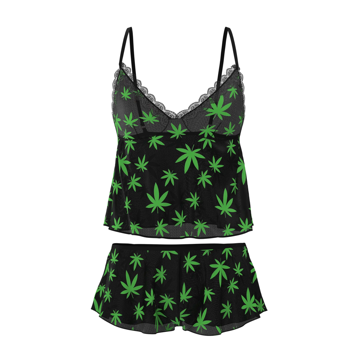 Black satin camisole with neon green cannabis leaf print and lace trim from the magic silk cami and short set