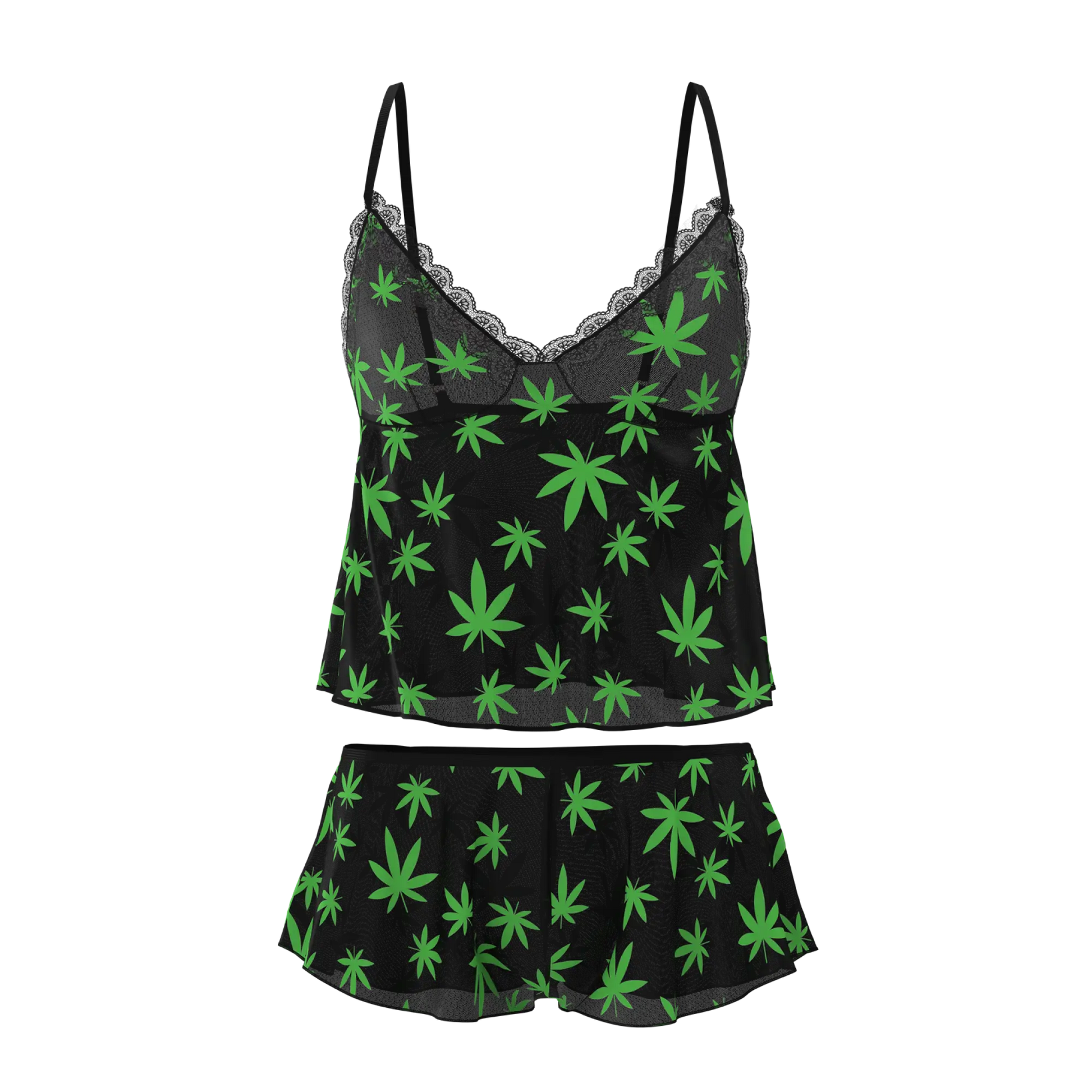 Black satin camisole with neon green cannabis leaf print and lace trim from the magic silk cami and short set