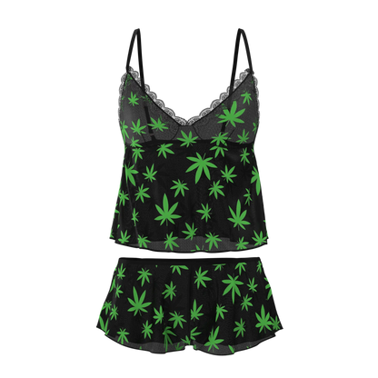 Black satin camisole with neon green cannabis leaf print and lace trim from the magic silk cami and short set