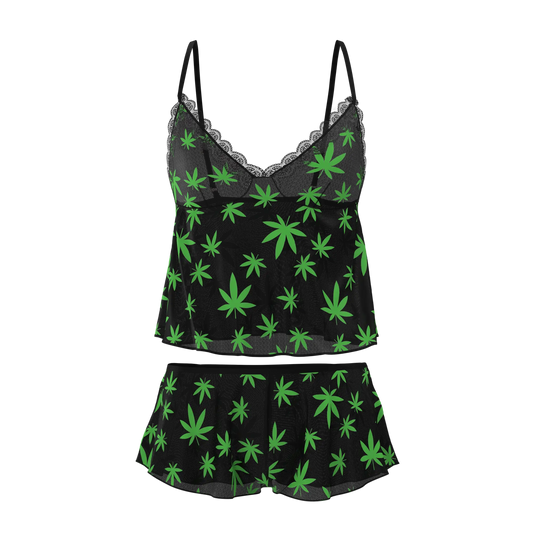 Black satin camisole with neon green cannabis leaf print and lace trim from the magic silk cami and short set