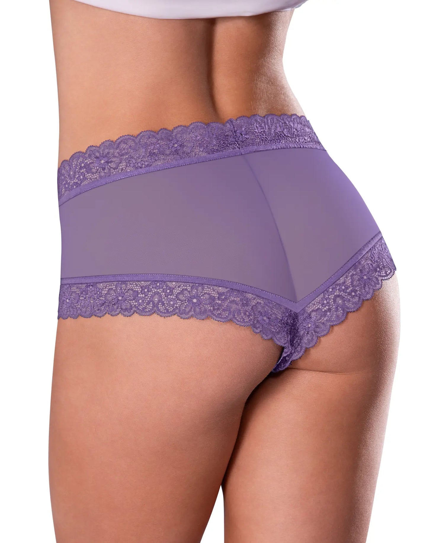 Purple lace-trimmed high-waisted magic silk cheeky hipster boy short briefs with a sheer mesh front