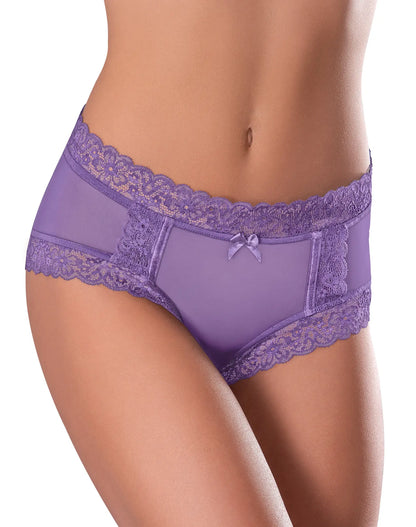 Purple lace-trimmed sheer magic silk cheeky hipster boy short briefs with a delicate front bow