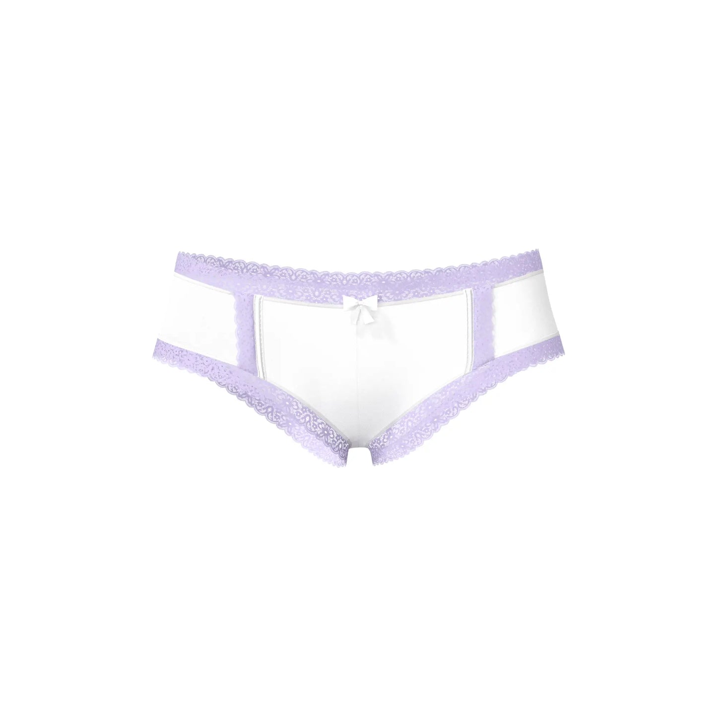 Magic silk cheeky hipster boy short white briefs with lavender lace trim and small white bow at center front