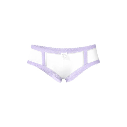 Magic silk cheeky hipster boy short white briefs with lavender lace trim and small white bow at center front
