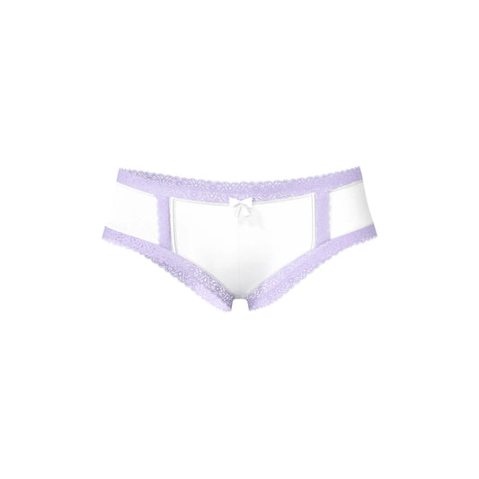 Magic silk cheeky hipster boy short white briefs with lavender lace trim and small white bow at center front