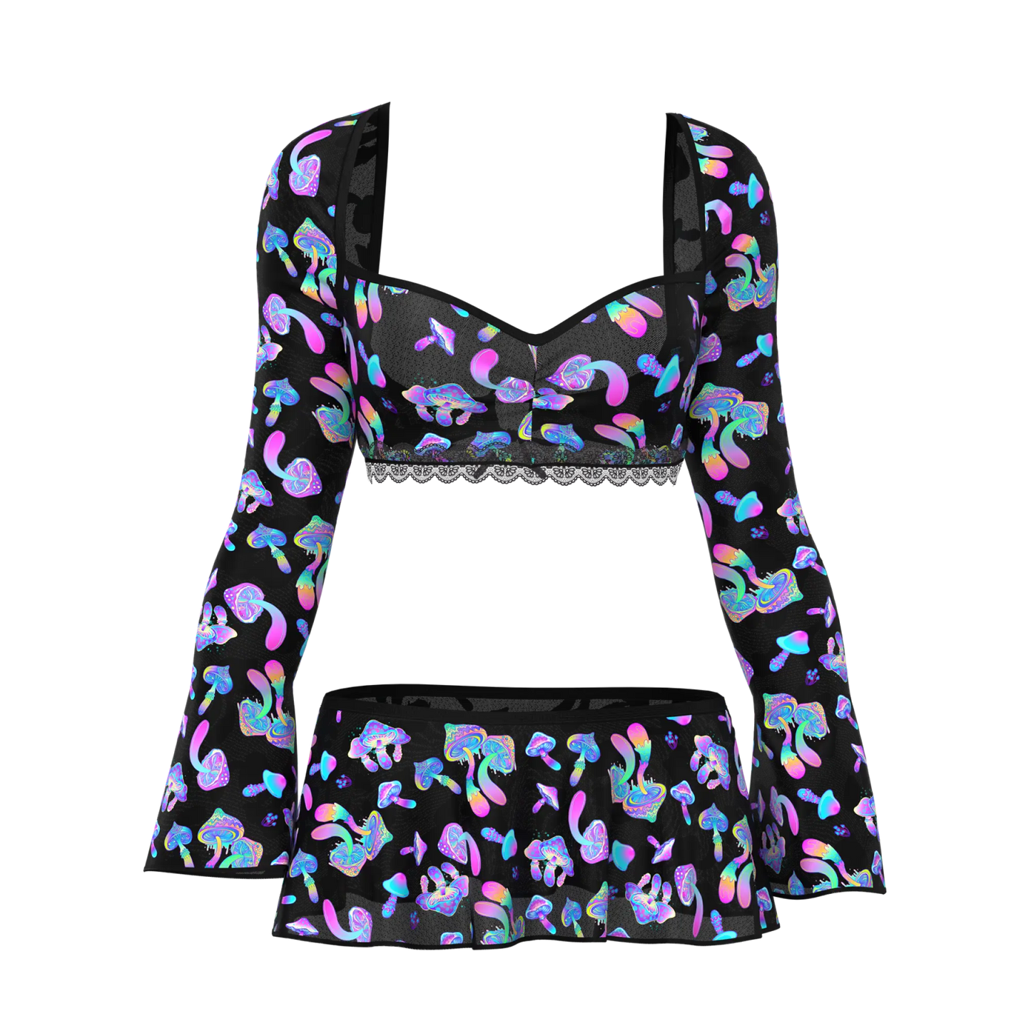 Black magic silk crop top and skirt set with long sleeves square neckline and iridescent pink blue purple mushroom prints