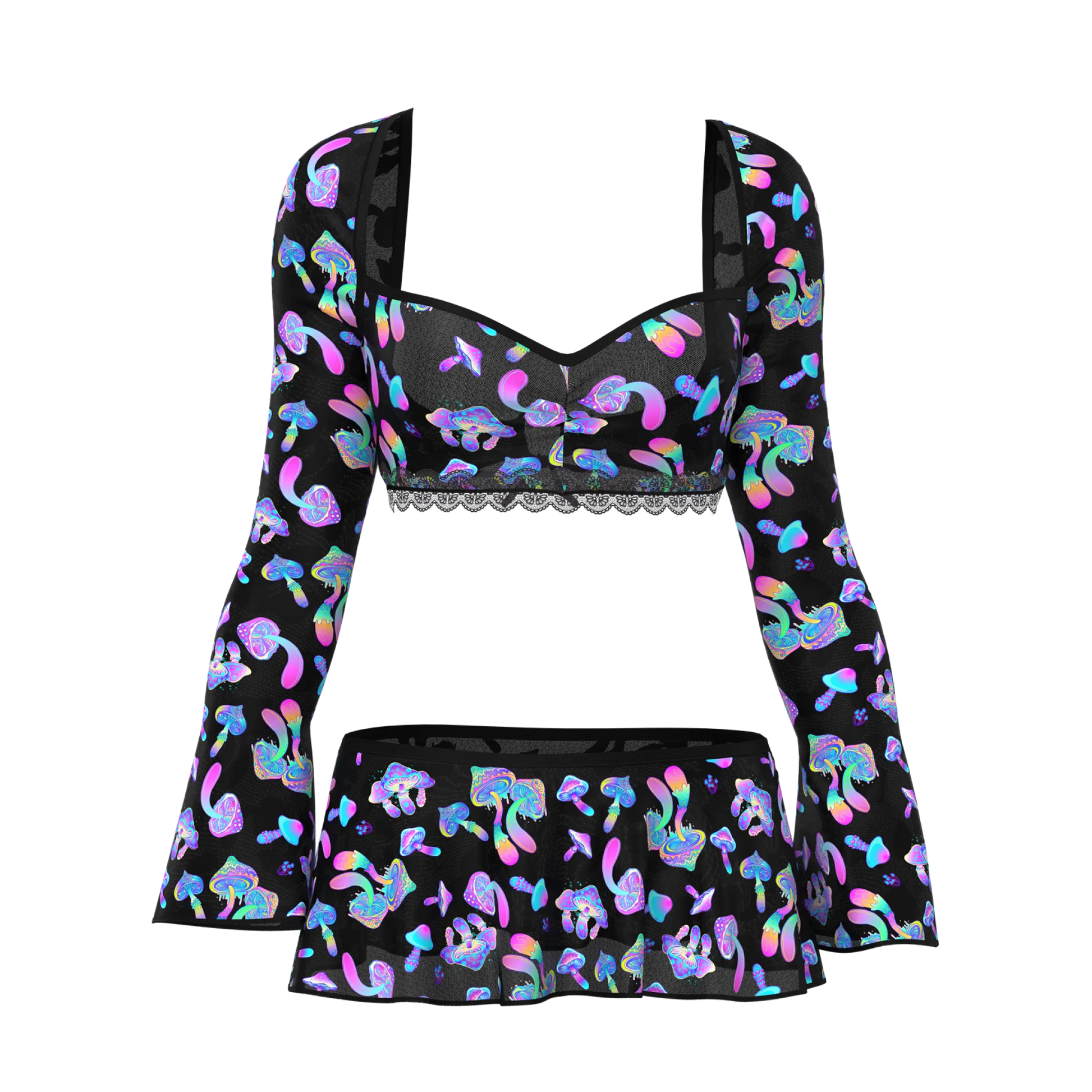Black magic silk crop top and skirt set with long sleeves square neckline and iridescent pink blue purple mushroom prints