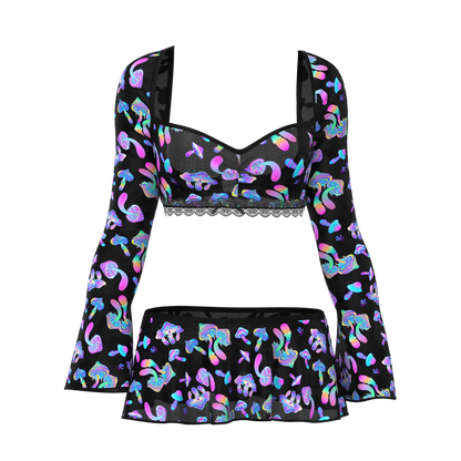 Black magic silk crop top and skirt set with long sleeves square neckline and iridescent pink blue purple mushroom prints