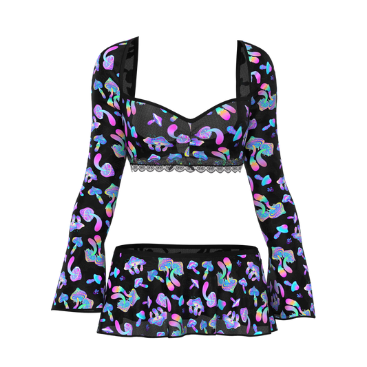 Black magic silk crop top and skirt set with long sleeves square neckline and iridescent pink blue purple mushroom prints