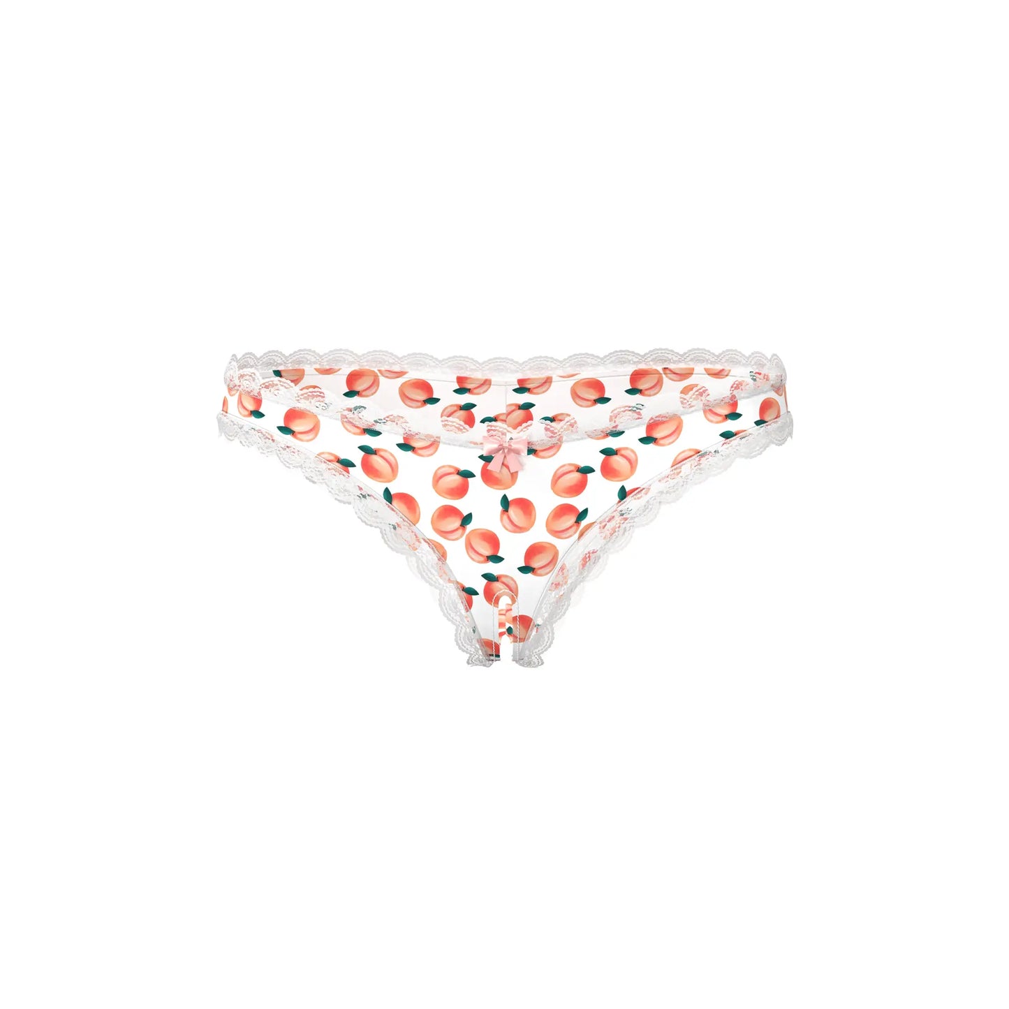 White peach print thong crotchless boy short with delicate scalloped lace trim by magic silk with lube included