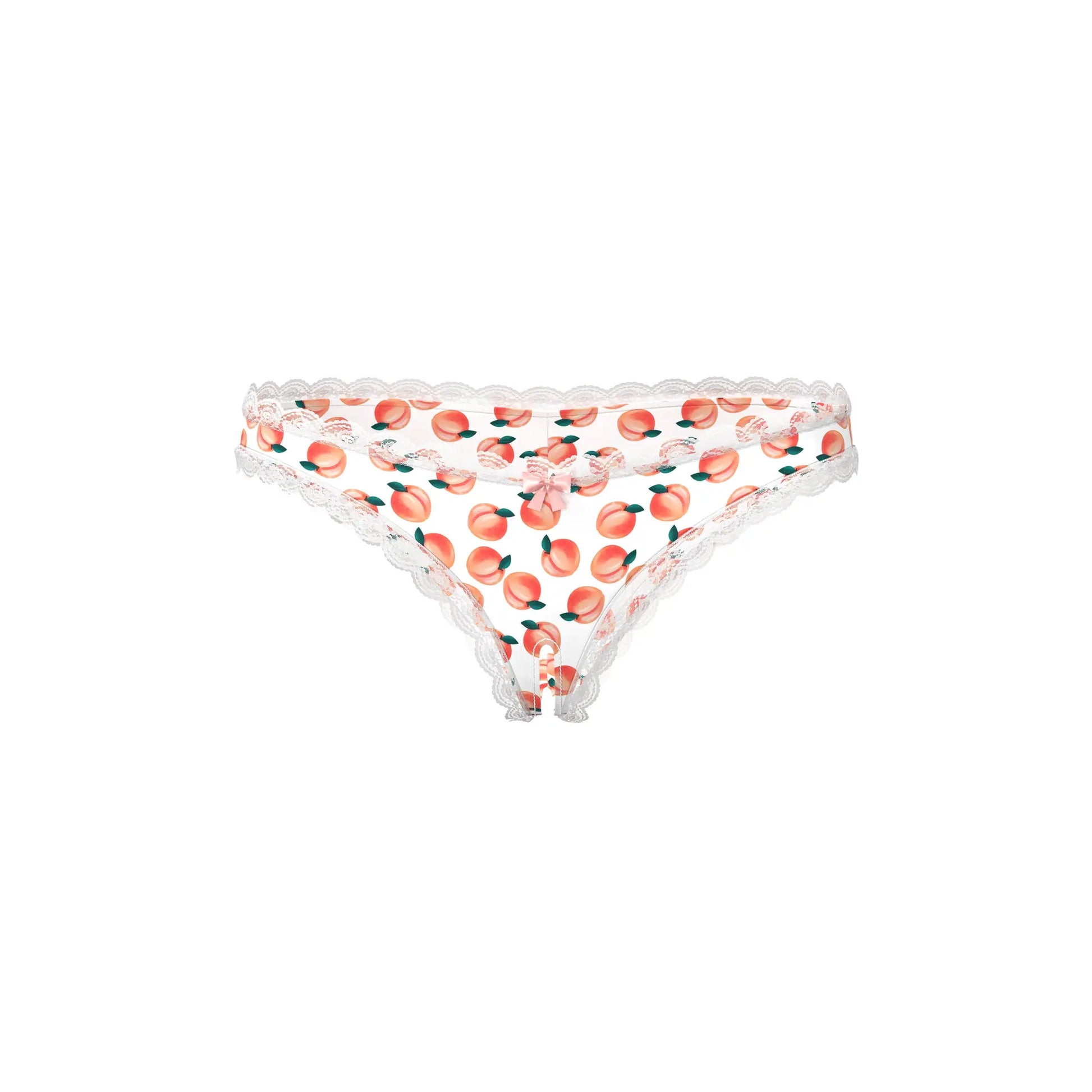 White peach print thong crotchless boy short with delicate scalloped lace trim by magic silk with lube included