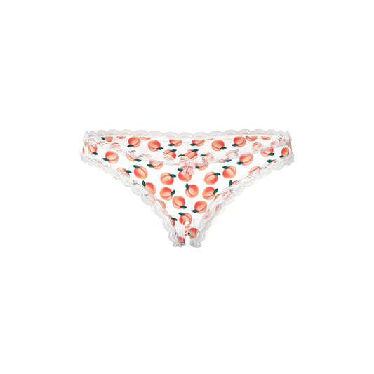 White peach print thong crotchless boy short with delicate scalloped lace trim by magic silk with lube included