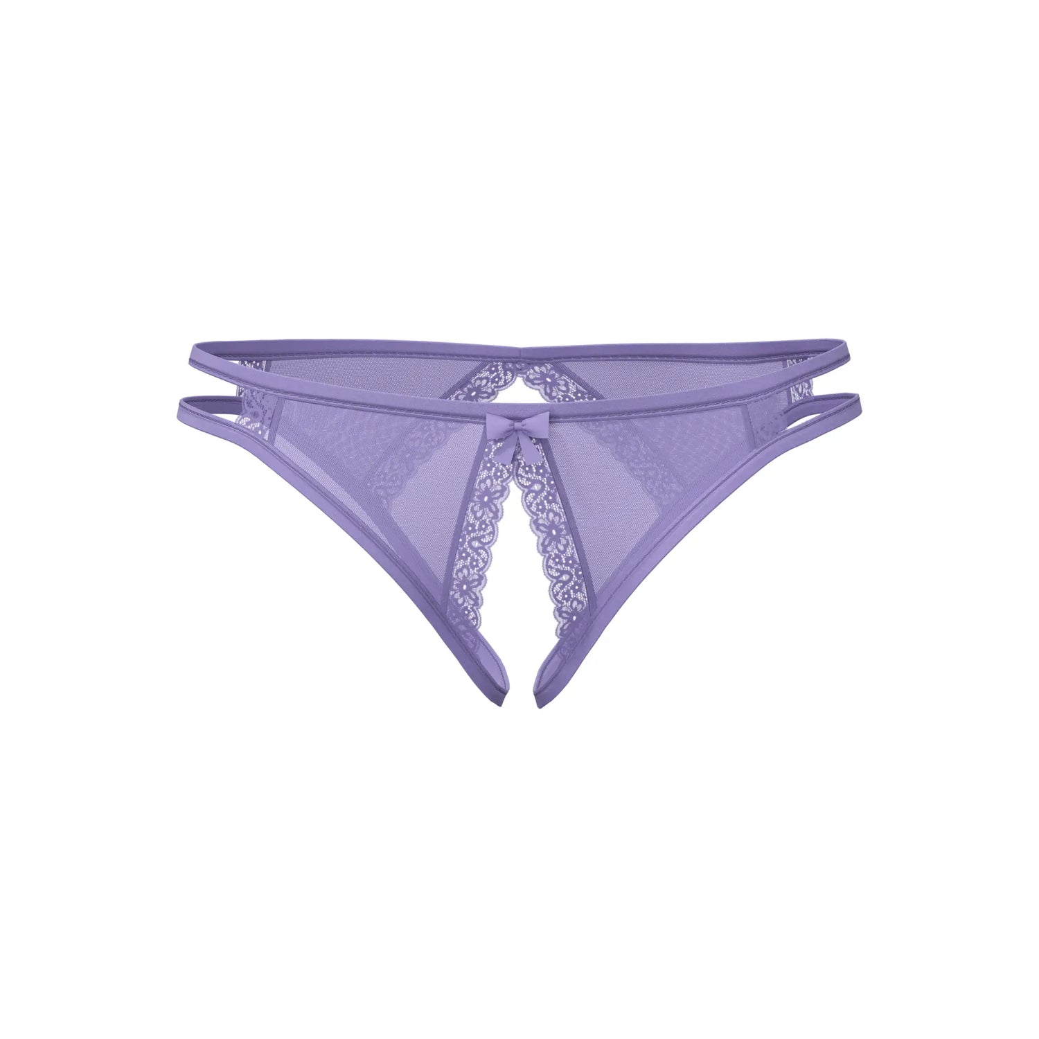 Lavender sheer mesh thong panty with lace trim and central bow from magic silk crotchless low rise collection