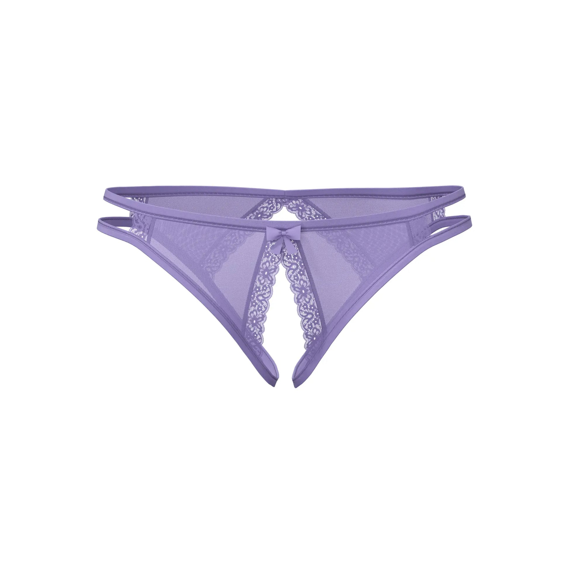 Lavender sheer mesh thong panty with lace trim and central bow from magic silk crotchless low rise collection