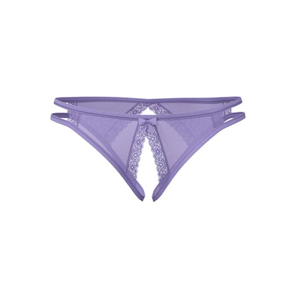 Lavender sheer mesh thong panty with lace trim and central bow from magic silk crotchless low rise collection