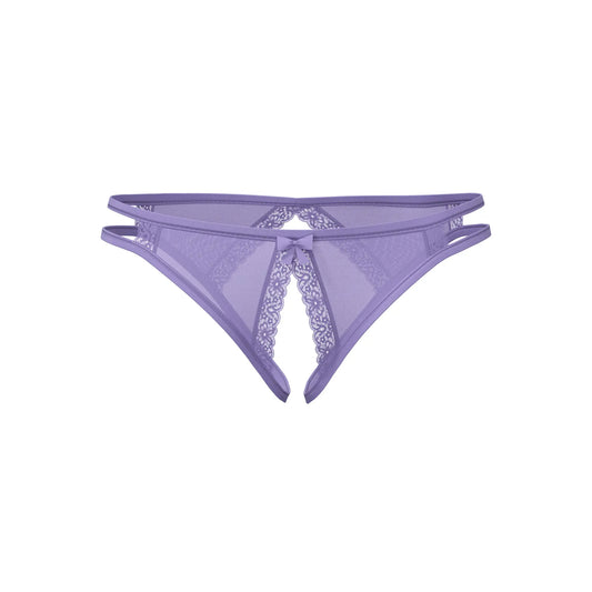 Lavender sheer mesh thong panty with lace trim and central bow from magic silk crotchless low rise collection