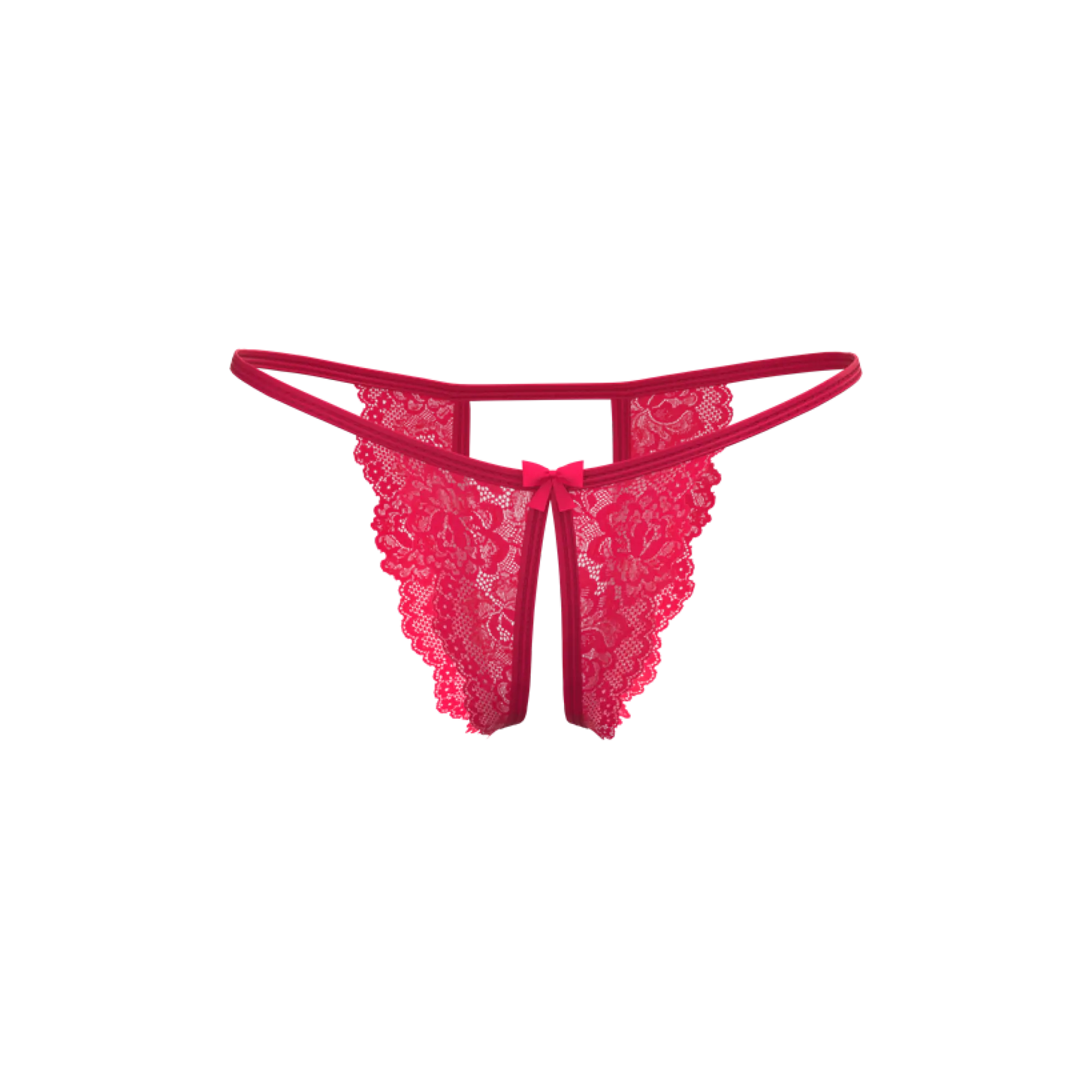 A vibrant fuchsia magic silk crotchless micro tanga lace thong with floral pattern and central matching bow
