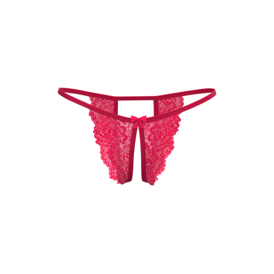 A vibrant fuchsia magic silk crotchless micro tanga lace thong with floral pattern and central matching bow